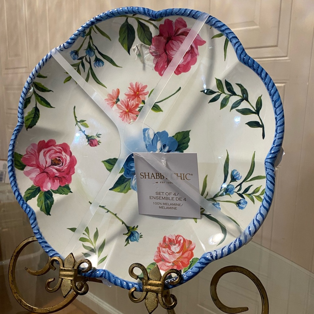 Shabby Chic Floral Melamine 11” Dinner Plate Set - Blue and Pink